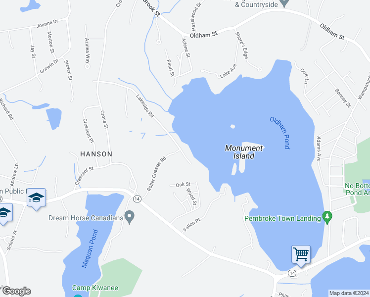 map of restaurants, bars, coffee shops, grocery stores, and more near 273 Lakeside Road in Hanson