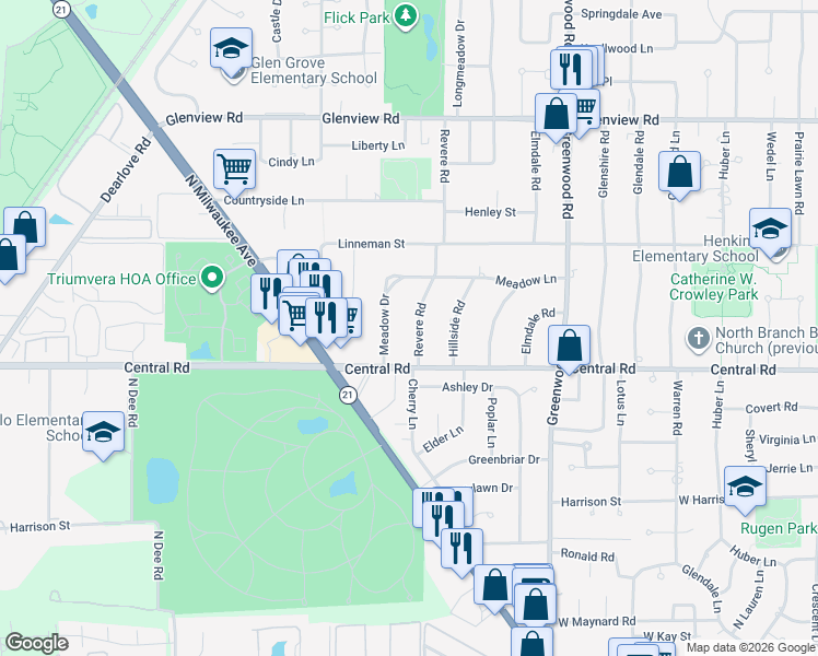 map of restaurants, bars, coffee shops, grocery stores, and more near 614 Revere Road in Glenview