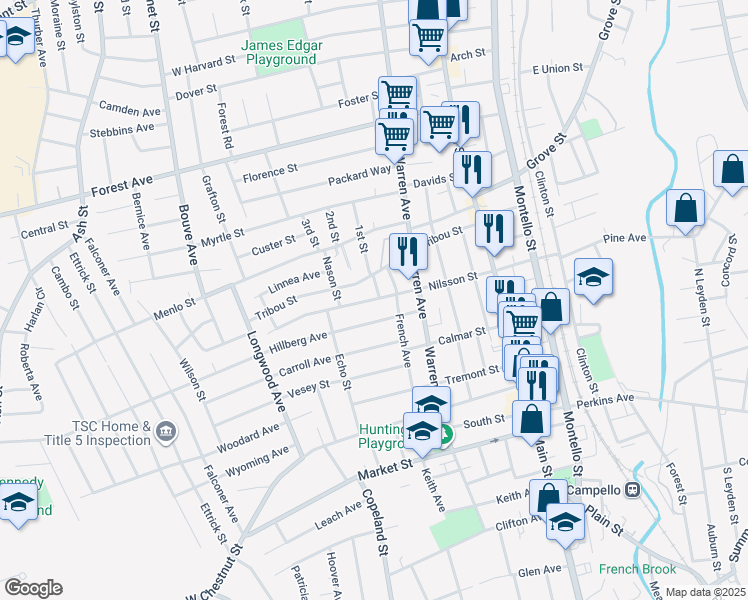 map of restaurants, bars, coffee shops, grocery stores, and more near 6 Stevens Avenue in Brockton