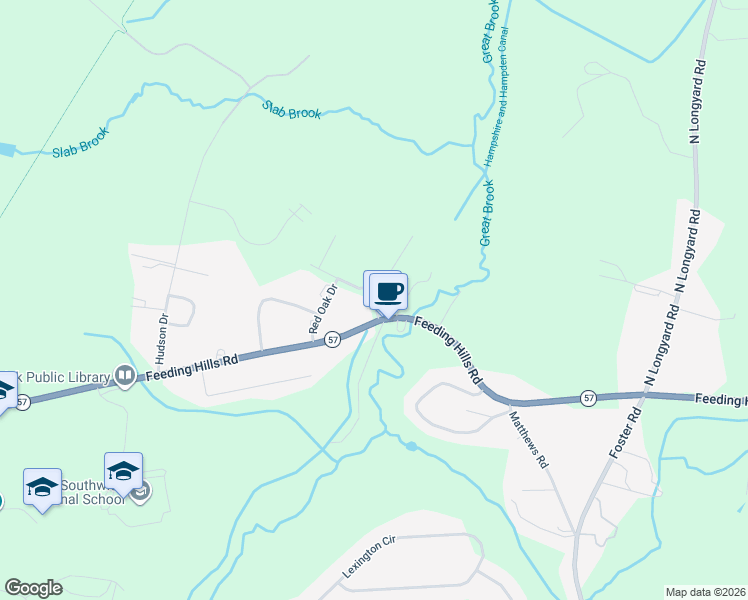 map of restaurants, bars, coffee shops, grocery stores, and more near Great Brook Lane in Southwick