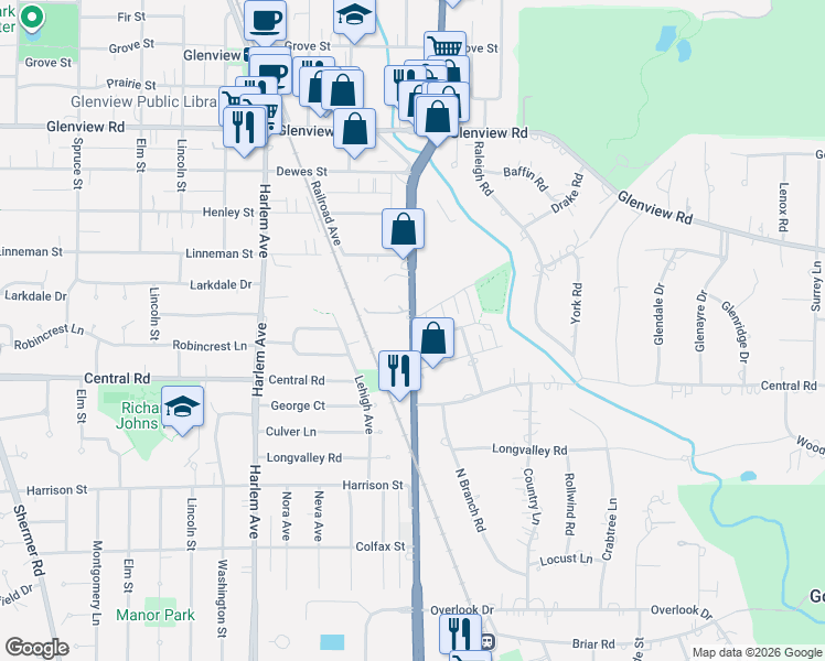 map of restaurants, bars, coffee shops, grocery stores, and more near 706 Carriage Hill Drive in Glenview