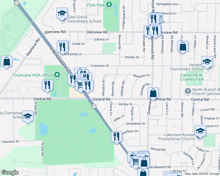 map of restaurants, bars, coffee shops, grocery stores, and more near 614 Revere Road in Glenview