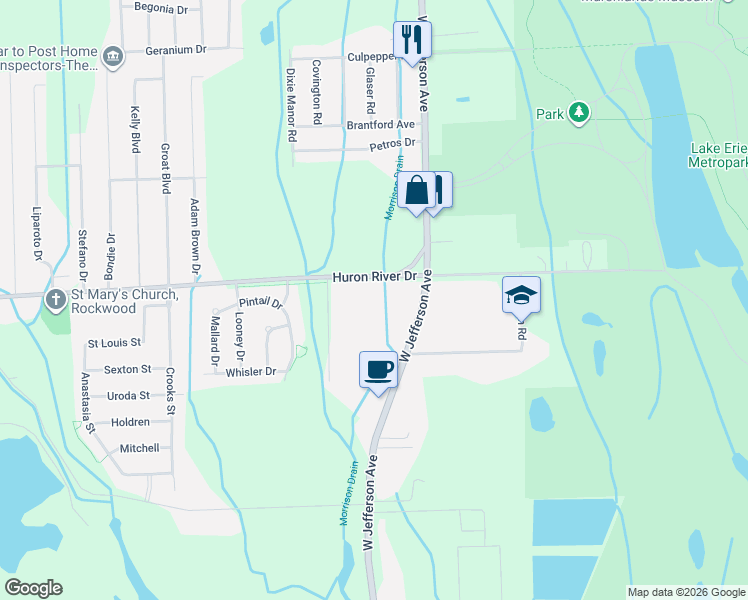 map of restaurants, bars, coffee shops, grocery stores, and more near 15853 Huron River Drive in Brownstown Charter Township