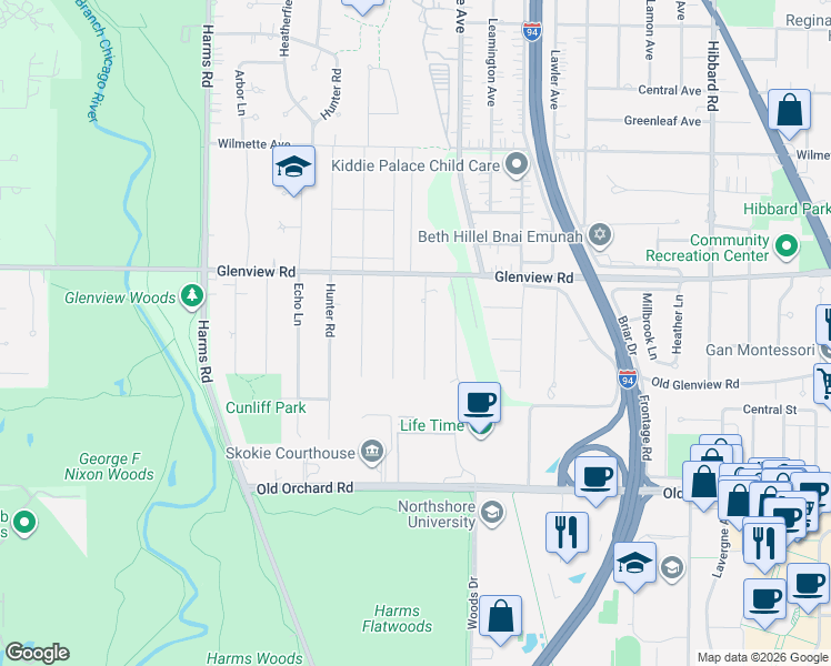 map of restaurants, bars, coffee shops, grocery stores, and more near 714 Forest Road in Glenview