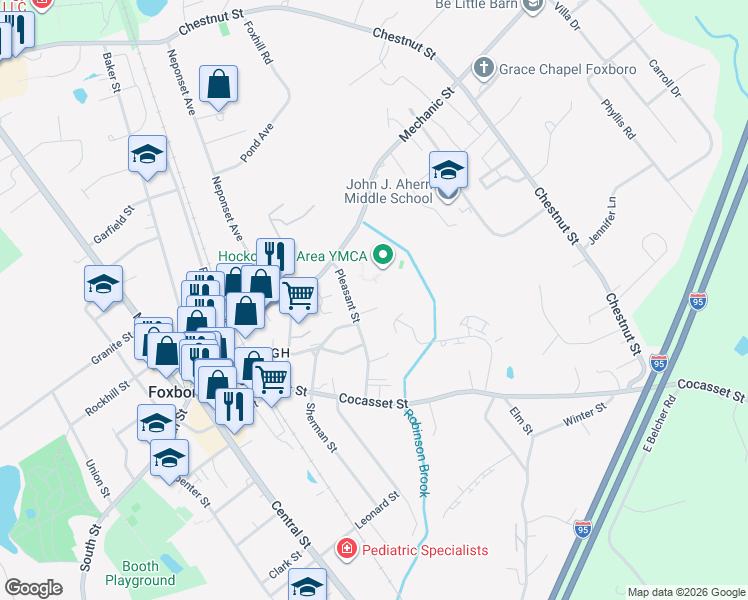 map of restaurants, bars, coffee shops, grocery stores, and more near 12 Pleasant Street in Foxborough
