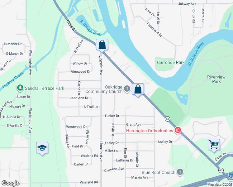 map of restaurants, bars, coffee shops, grocery stores, and more near 815 Oakridge Road in St. Joseph