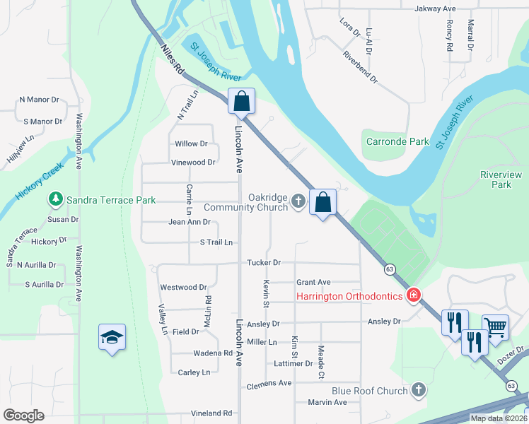 map of restaurants, bars, coffee shops, grocery stores, and more near 815 Oakridge Road in St. Joseph