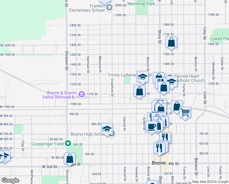 map of restaurants, bars, coffee shops, grocery stores, and more near 505 11th Street in Boone