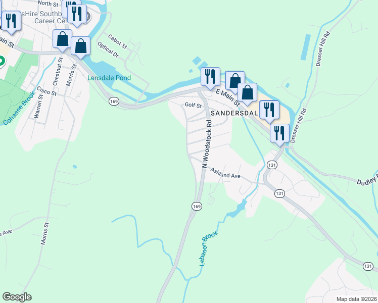 map of restaurants, bars, coffee shops, grocery stores, and more near 131 Old North Woodstock Road in Southbridge