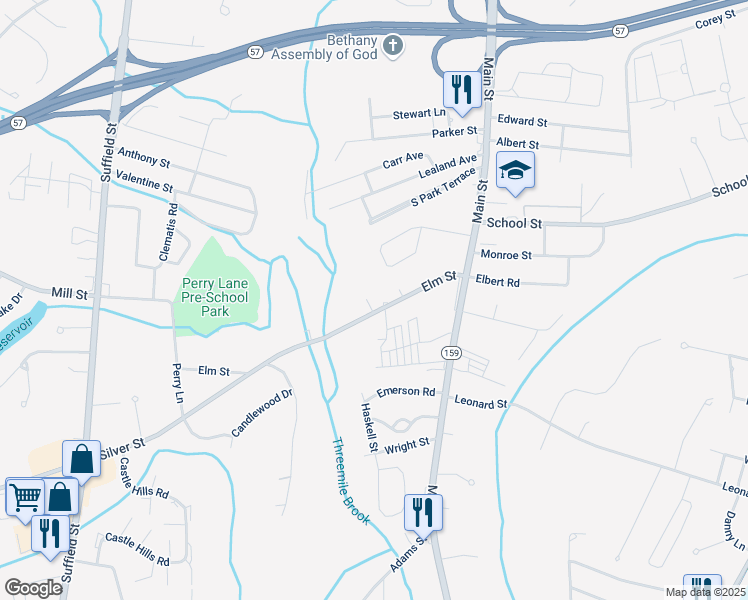 map of restaurants, bars, coffee shops, grocery stores, and more near 76 Elm Street in Agawam