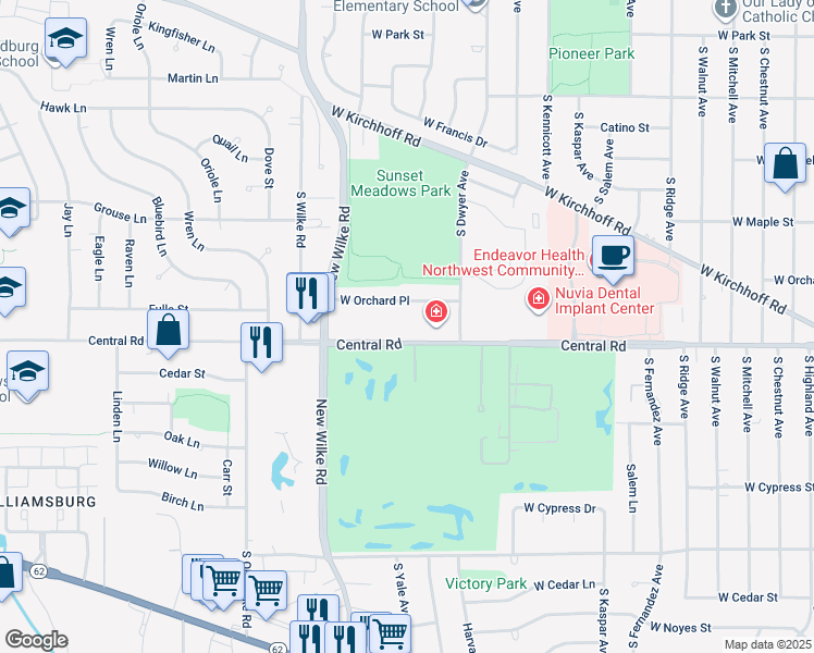map of restaurants, bars, coffee shops, grocery stores, and more near 1614 West Central Road in Arlington Heights