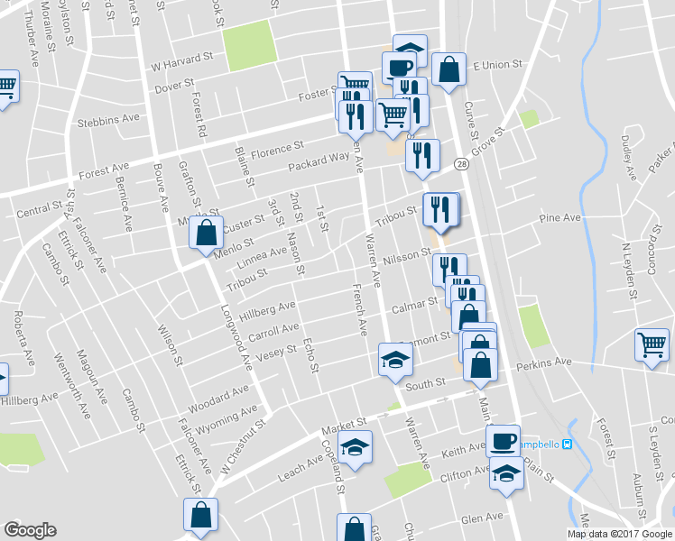 map of restaurants, bars, coffee shops, grocery stores, and more near 6 Stevens Avenue in Brockton