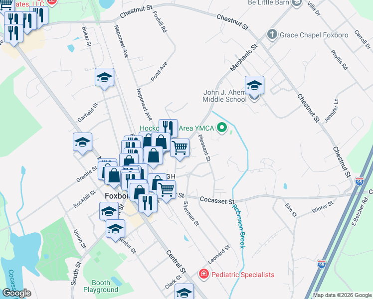 map of restaurants, bars, coffee shops, grocery stores, and more near 39a Mechanic Street in Foxborough