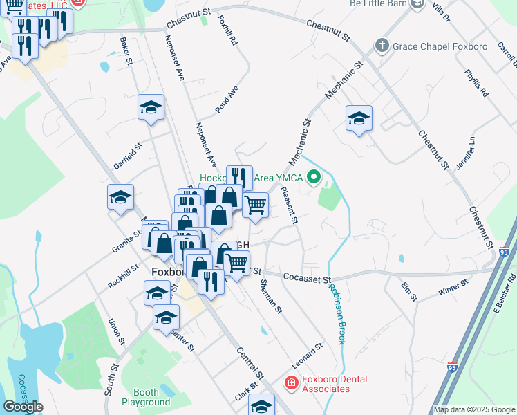 map of restaurants, bars, coffee shops, grocery stores, and more near 39a Mechanic Street in Foxborough