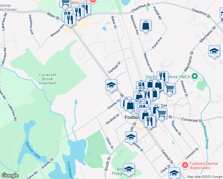 map of restaurants, bars, coffee shops, grocery stores, and more near 43 Main Street in Foxborough