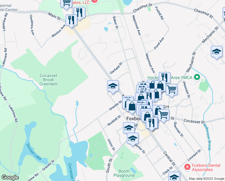 map of restaurants, bars, coffee shops, grocery stores, and more near 7 Pettee Place in Foxborough
