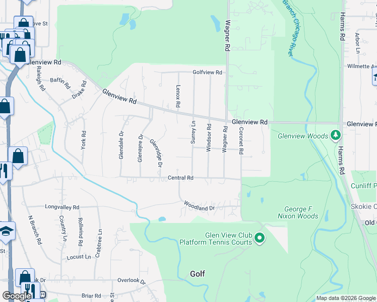 map of restaurants, bars, coffee shops, grocery stores, and more near 1001 Barton Court in Glenview