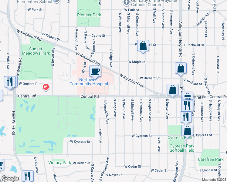 map of restaurants, bars, coffee shops, grocery stores, and more near 612 West Central Road in Arlington Heights