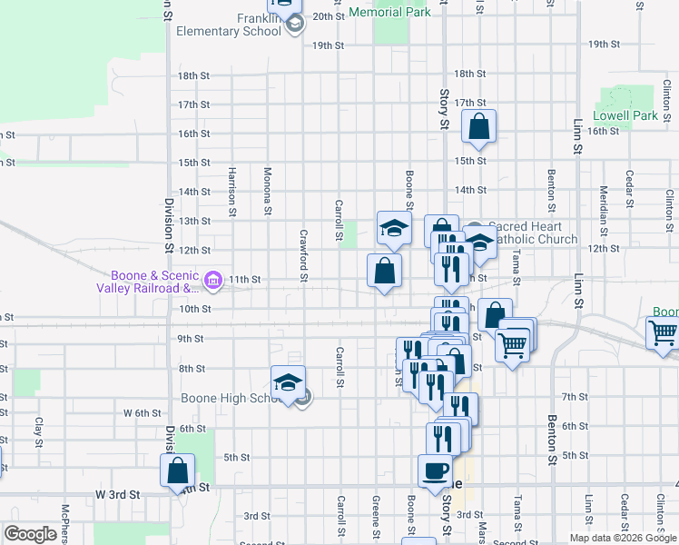 map of restaurants, bars, coffee shops, grocery stores, and more near 1120 Carroll Street in Boone