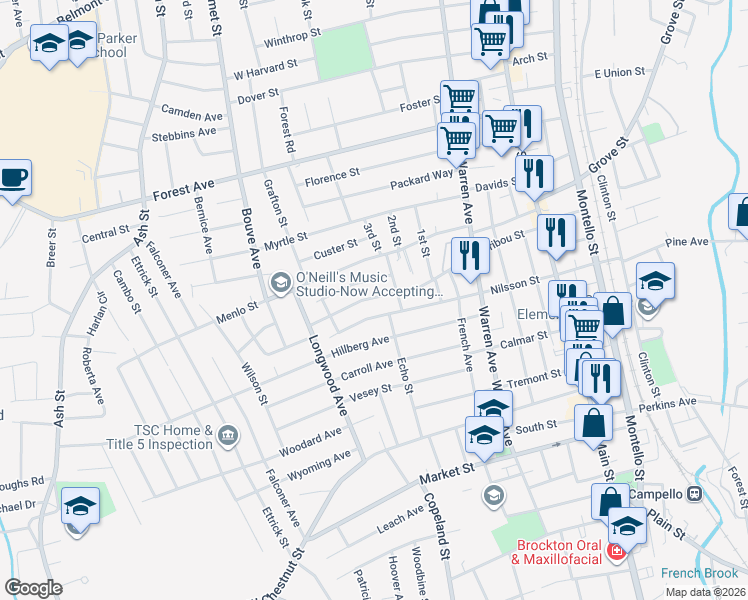map of restaurants, bars, coffee shops, grocery stores, and more near 173 Tribou Street in Brockton