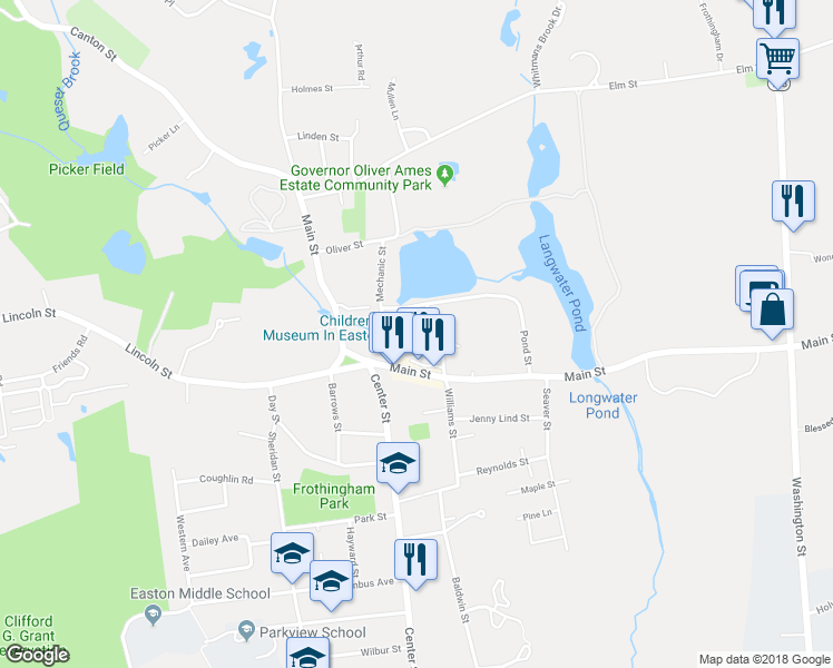 map of restaurants, bars, coffee shops, grocery stores, and more near 31 Mechanic Street in Easton