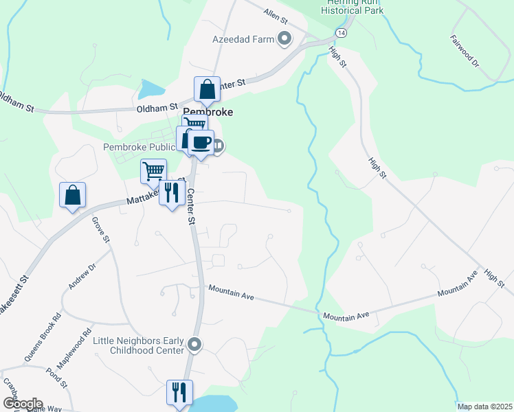 map of restaurants, bars, coffee shops, grocery stores, and more near 54 Elliott Avenue in Pembroke