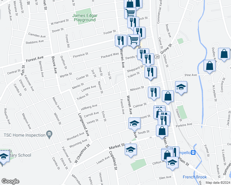 map of restaurants, bars, coffee shops, grocery stores, and more near 113 Nilsson Street in Brockton