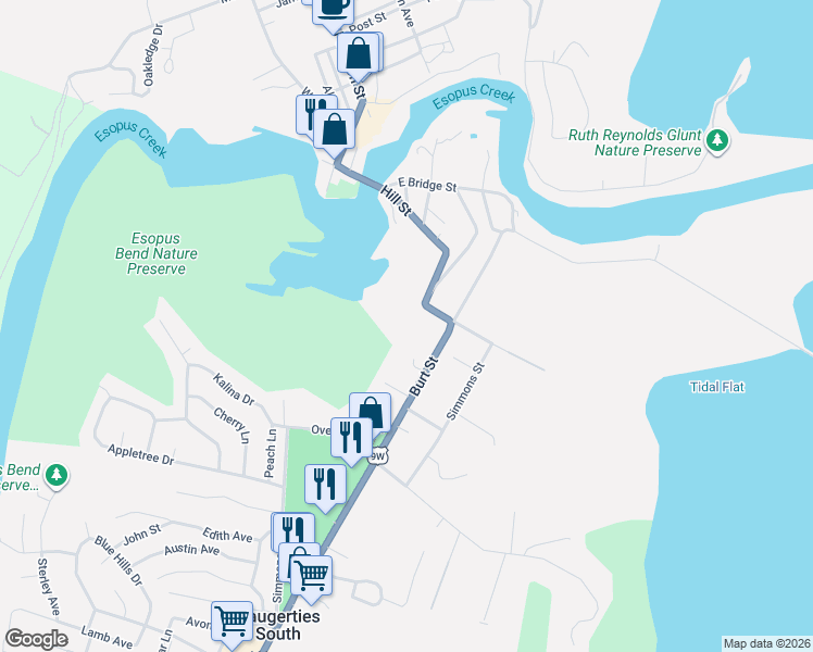 map of restaurants, bars, coffee shops, grocery stores, and more near 162 Burt Street in Saugerties