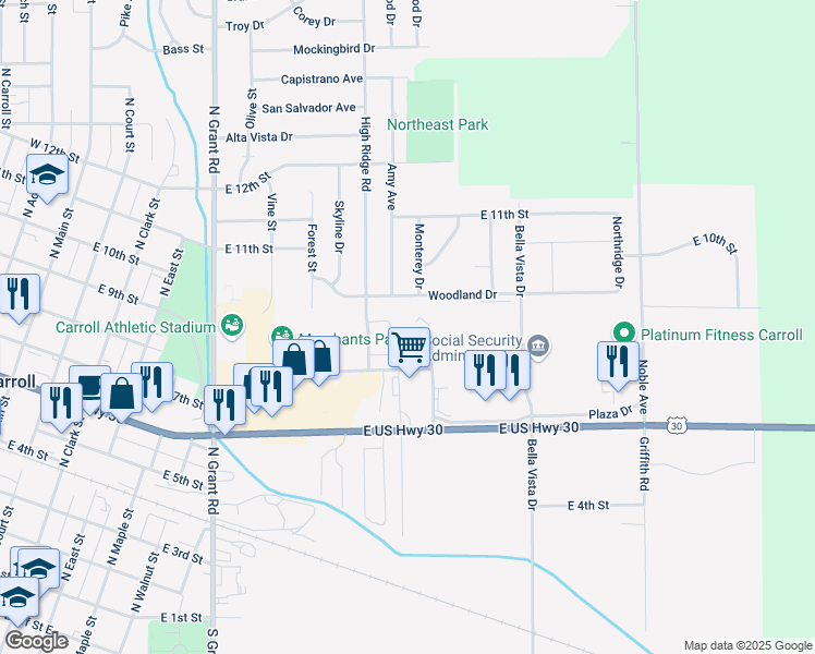 map of restaurants, bars, coffee shops, grocery stores, and more near 1102-06 Woodland Drive in Carroll