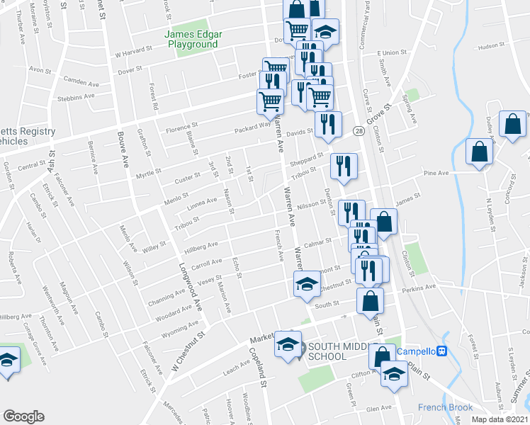 map of restaurants, bars, coffee shops, grocery stores, and more near 6 Stevens Avenue in Brockton