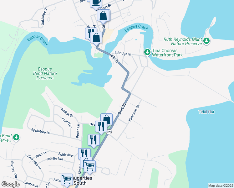 map of restaurants, bars, coffee shops, grocery stores, and more near 162 Burt Street in Saugerties