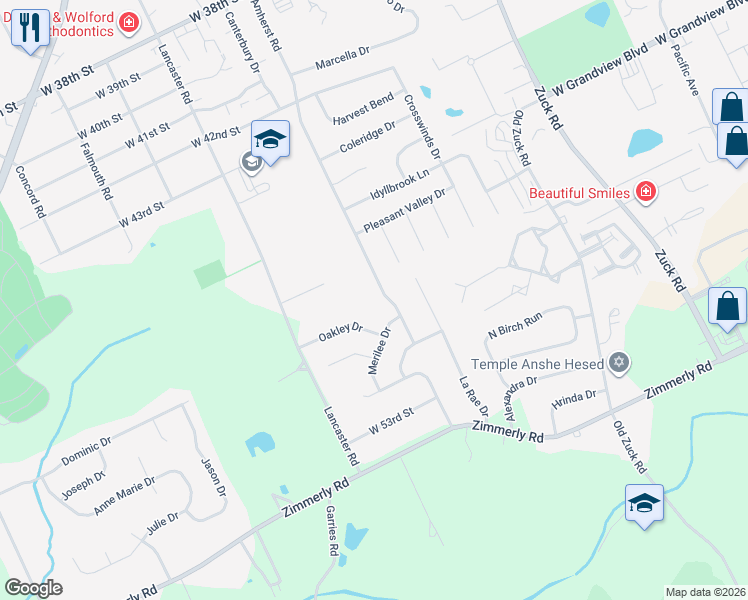 map of restaurants, bars, coffee shops, grocery stores, and more near 5002 Amherst Road in Erie