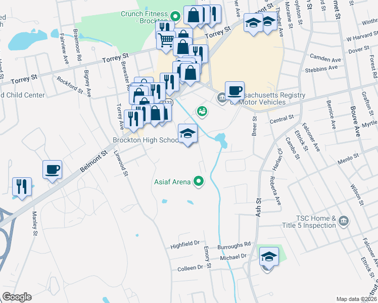 map of restaurants, bars, coffee shops, grocery stores, and more near 470 Forest Avenue in Brockton