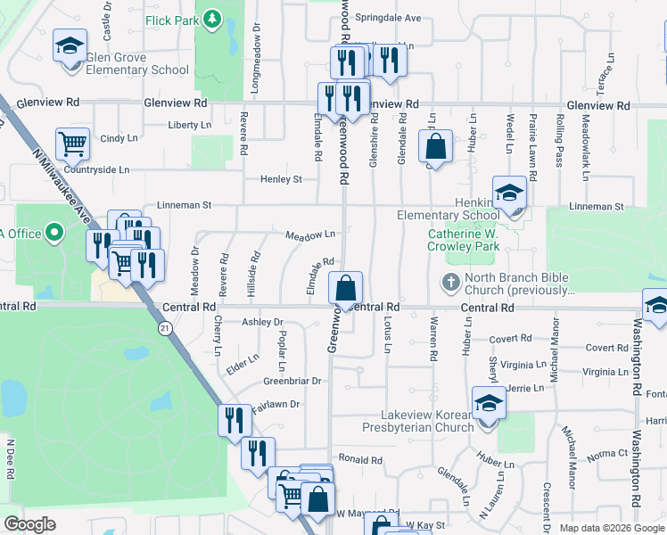 map of restaurants, bars, coffee shops, grocery stores, and more near 622 Elmdale Road in Glenview