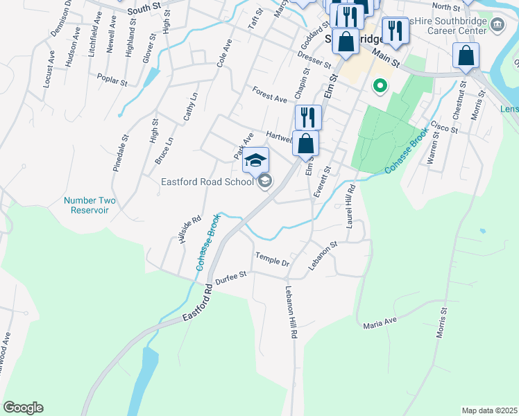 map of restaurants, bars, coffee shops, grocery stores, and more near 134 Eastford Road in Southbridge