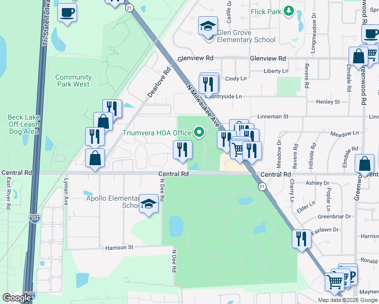 map of restaurants, bars, coffee shops, grocery stores, and more near 4127 Triumvera Drive in Glenview