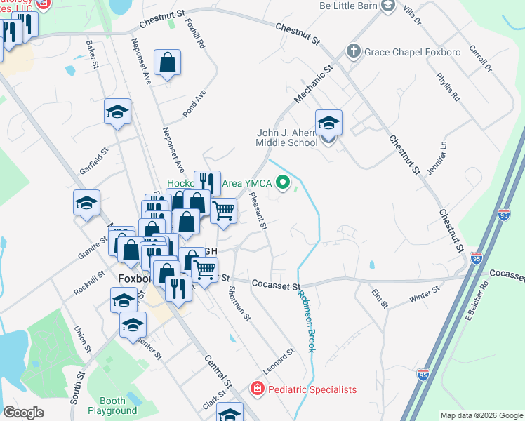 map of restaurants, bars, coffee shops, grocery stores, and more near 12 Pleasant Street in Foxborough