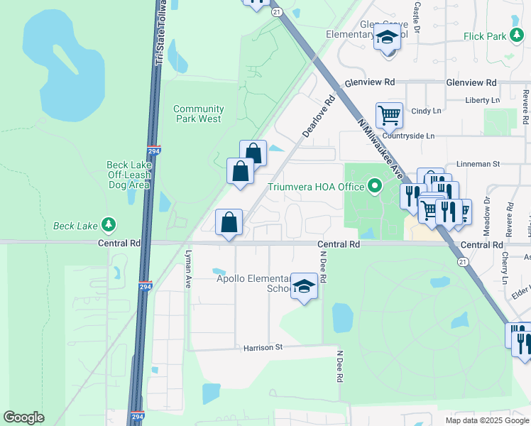 map of restaurants, bars, coffee shops, grocery stores, and more near 4150 Williamsburg Court in Glenview