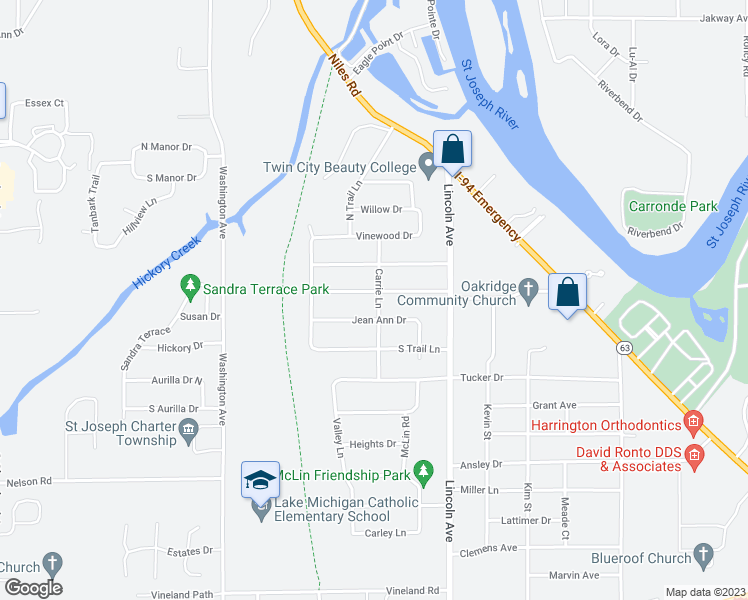 map of restaurants, bars, coffee shops, grocery stores, and more near 2878 Carrie Lane in Saint Joseph