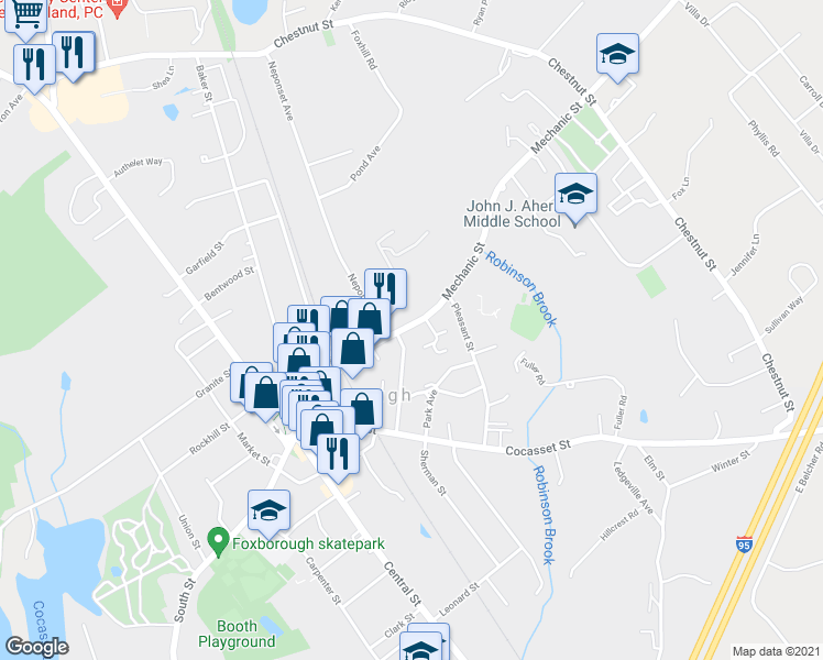 map of restaurants, bars, coffee shops, grocery stores, and more near 39a Mechanic Street in Foxborough