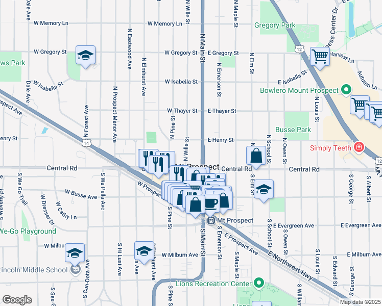 map of restaurants, bars, coffee shops, grocery stores, and more near 50 North Main Street in Mount Prospect