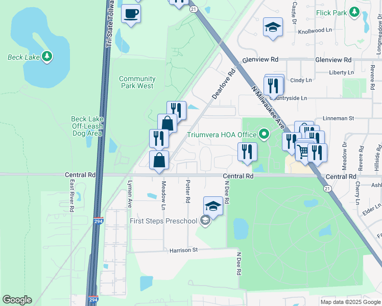 map of restaurants, bars, coffee shops, grocery stores, and more near 4161 Williamsburg Court in Glenview