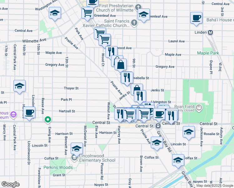 map of restaurants, bars, coffee shops, grocery stores, and more near 2734 Prairie Avenue in Evanston