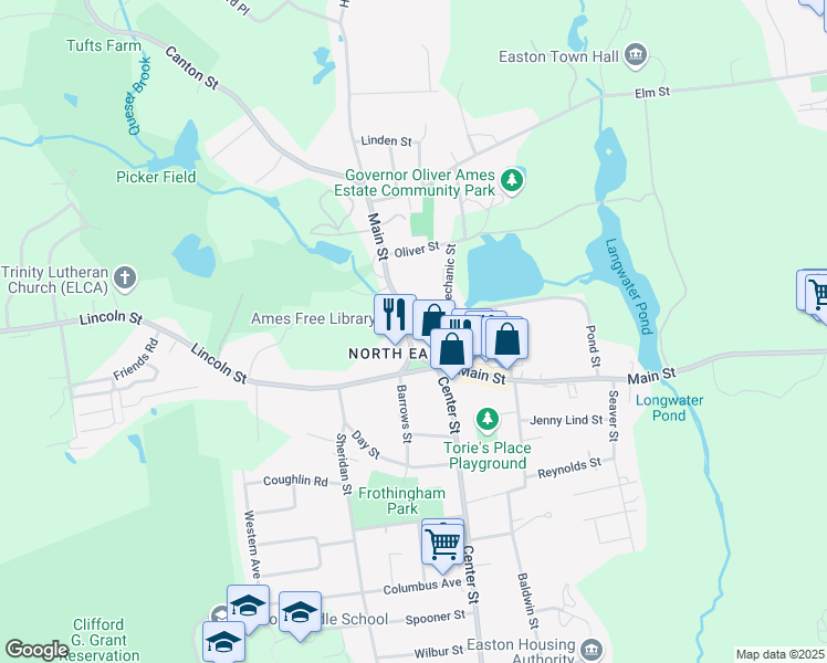 map of restaurants, bars, coffee shops, grocery stores, and more near 54 Main Street in Easton