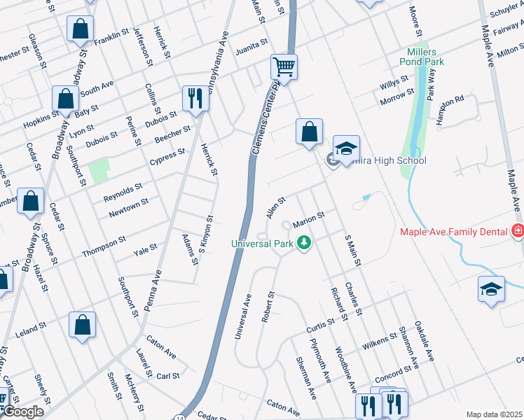 map of restaurants, bars, coffee shops, grocery stores, and more near 234 Allen Street in Elmira
