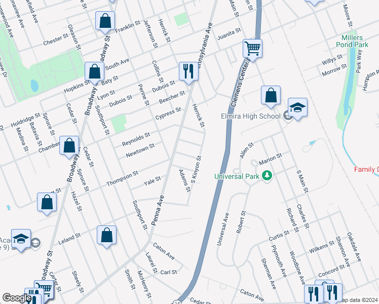 map of restaurants, bars, coffee shops, grocery stores, and more near 460 Albert Street in Elmira