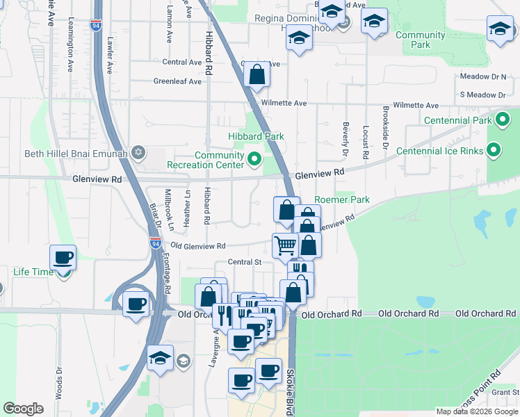 map of restaurants, bars, coffee shops, grocery stores, and more near 220 Valley View Court in Wilmette