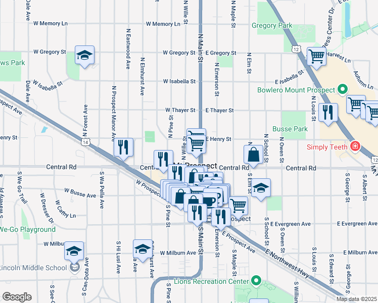 map of restaurants, bars, coffee shops, grocery stores, and more near 50 North Main Street in Mount Prospect