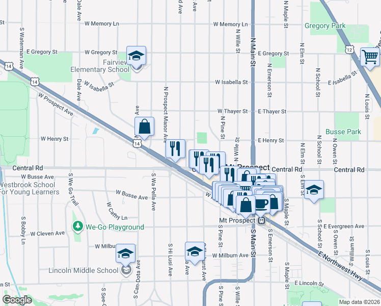 map of restaurants, bars, coffee shops, grocery stores, and more near 15 North Ridge Avenue in Mount Prospect