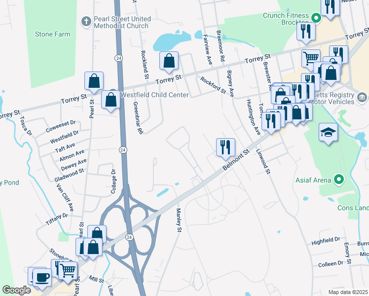 map of restaurants, bars, coffee shops, grocery stores, and more near 71 Belmont Court in Brockton